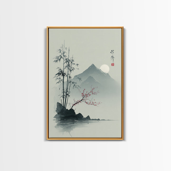 Minimal Mountain in Fog with Empty Space Framed Canvas Print, Zen Art, Contemporary Art, Living Room Decor, Oil Painting, Zen, ZEN-2x3-85