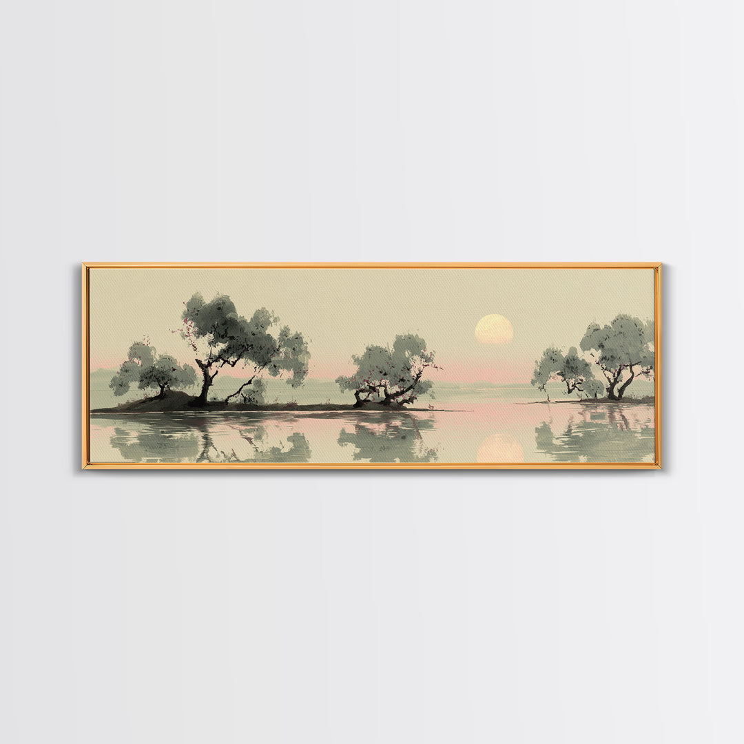 Moon Reflected in Quiet Pond Framed Canvas Print, Zen Art, Garden Art, Living Room Decor, Fine Art, Zen, Neutral Wall Art, ZEN-3x1-2