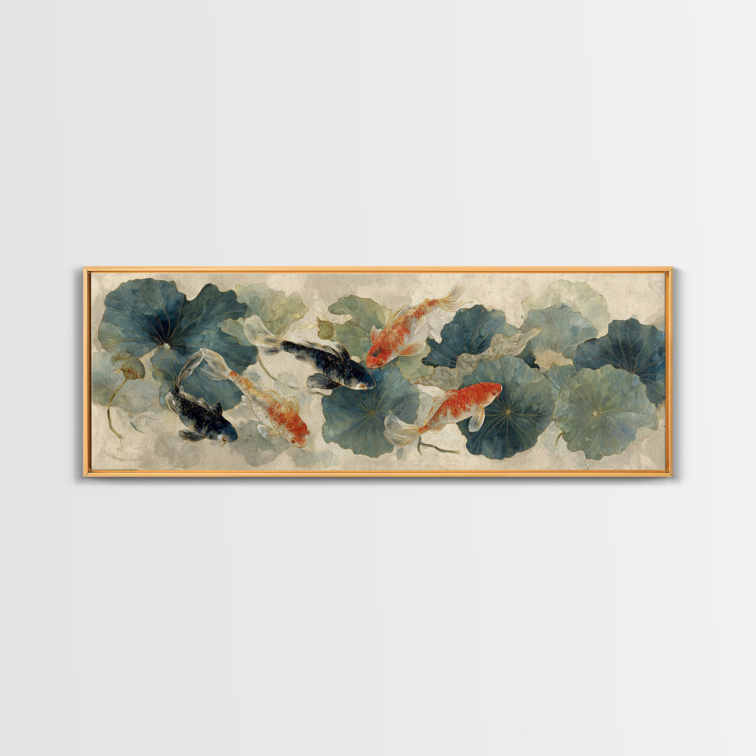 Koi Fish Beneath Floating Lotus Leaves Canvas Print, Zen Art, Neutral Wall Art, Living Room Decor, Fine Art, Zen, ZEN-3x1-20