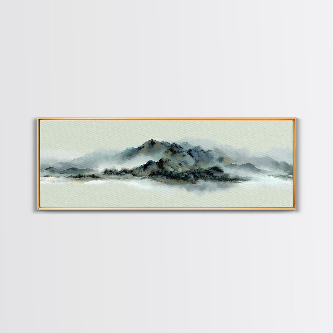 Minimal Mountain in Fog with Empty Space Framed Canvas Print, Zen Art, Luxury Decor, Living Room Decor, Fine Art, Zen, ZEN-3x1-69