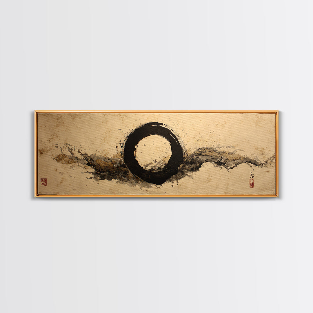 Single Black Ens Circle on Warm Paper Framed Canvas Print, Zen Art, Wall Art, Living Room Decor, Oil Painting, Zen, ZEN-3x1-89