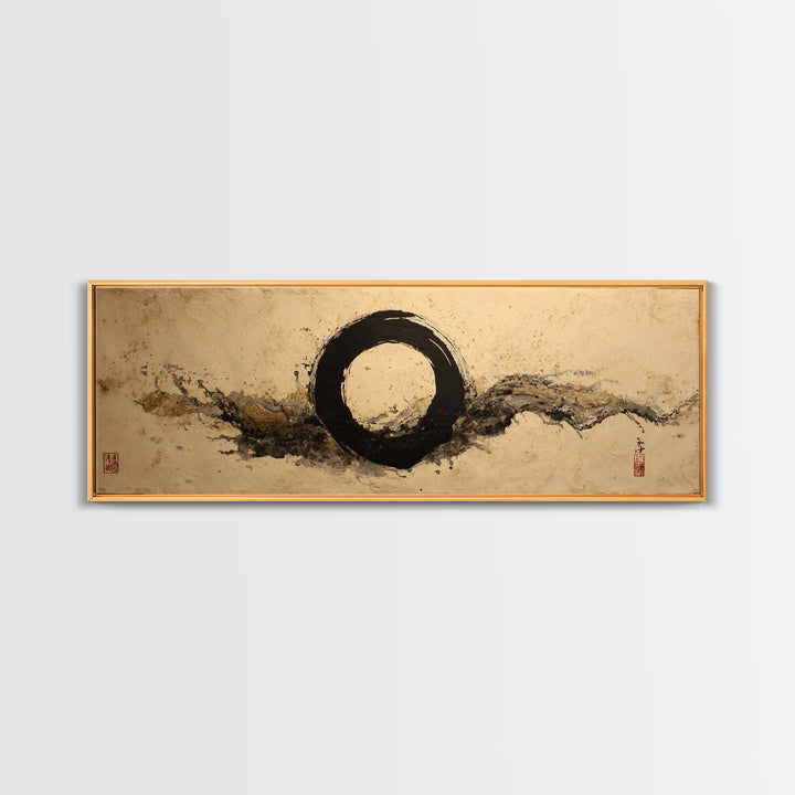 Single Black Ens Circle on Warm Paper Framed Canvas Print, Zen Art, Wall Art, Living Room Decor, Oil Painting, Zen, ZEN-3x1-89
