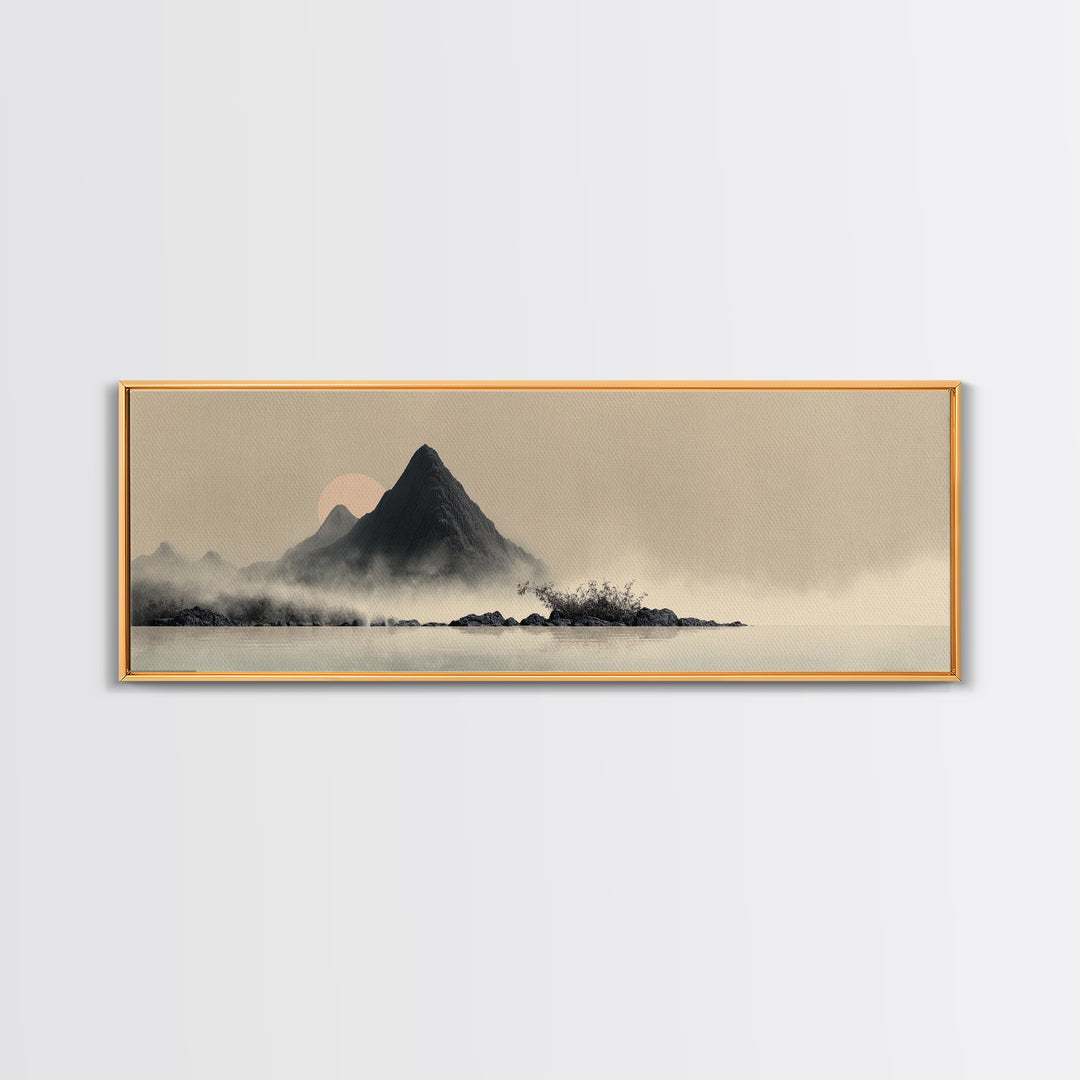 Minimal Mountain in Fog with Empty Space Canvas Print, Zen Art, Home Decor, Living Room Decor, Oil Painting, Zen, Boho Wall Art, ZEN-3x1-93