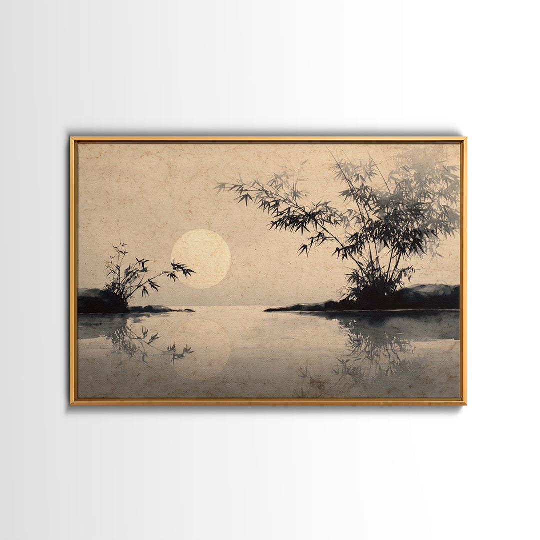 Moon Reflected in Quiet Pond Framed Canvas Print, Zen Art, Abstract Painting, Living Room Decor, Fine Art, Zen, Gallery Decor, ZEN-3x2-14