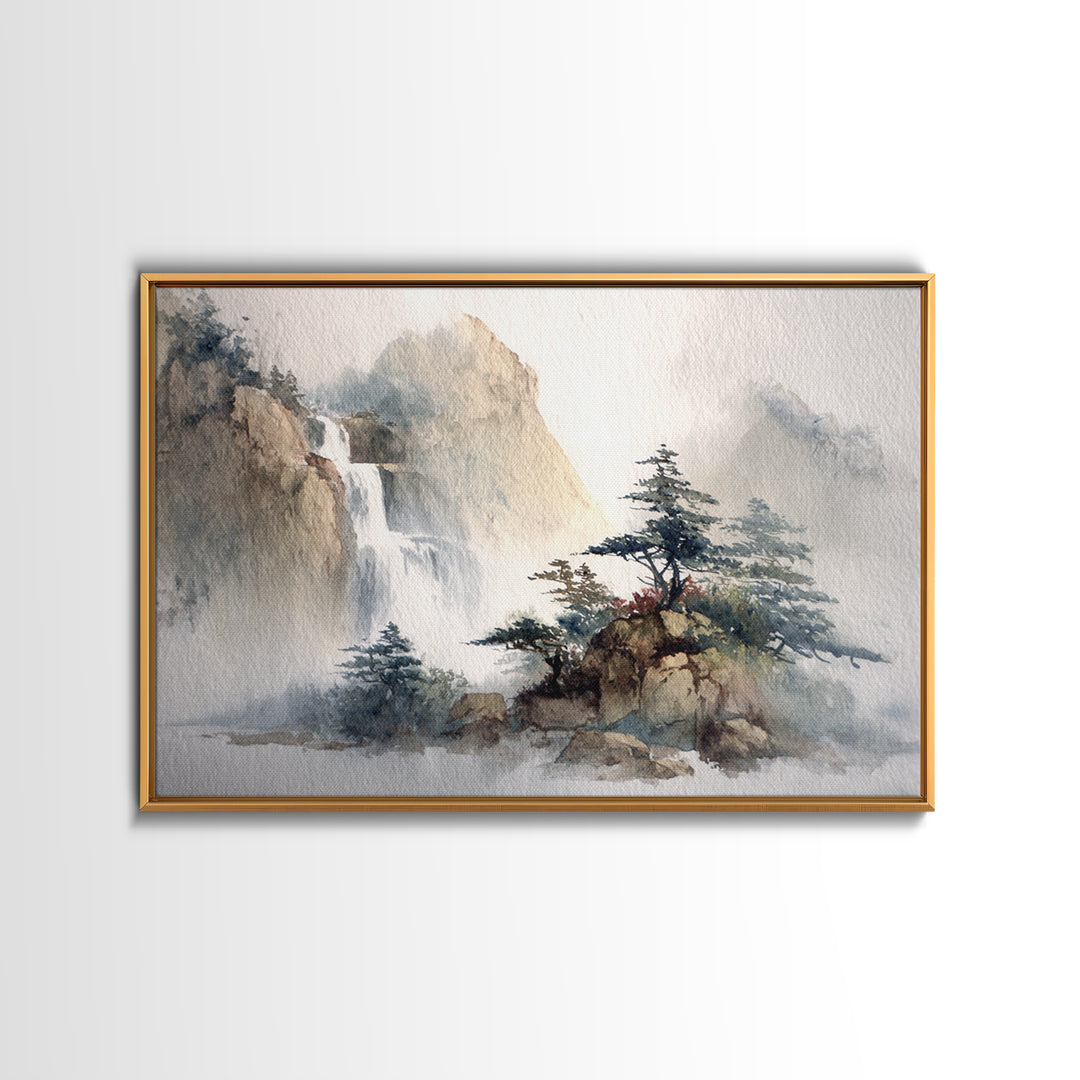 Ink Wash Waterfall Framed Canvas Print, Zen Art, Fine Art Print, Living Room Decor, Abstract Art, Zen, Printable Wall Art, ZEN-3x2-25