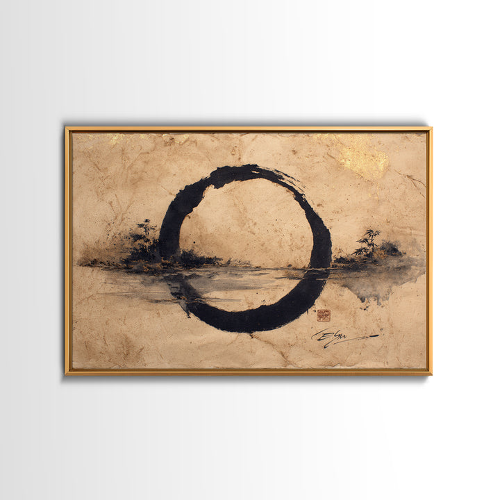 Single Black Ens Circle on Warm Paper Framed Canvas Print, Zen Art, Statement Artwork, Living Room Decor, Fine Art, Zen, ZEN-3x2-5
