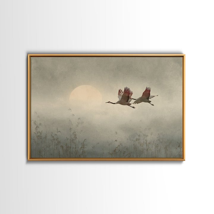 Crane Flying Across Pale Sun Canvas Print, Zen Art, Boho Decor, Living Room Decor, Abstract Art, Zen, Original Painting, ZEN-3x2-52