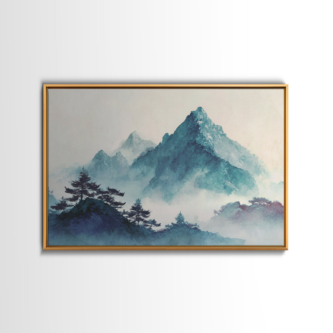 Minimal Mountain in Fog with Empty Space Canvas Print, Zen Art, Boho Decor, Living Room Decor, Fine Art, Zen, Original Painting, ZEN-3x2-57