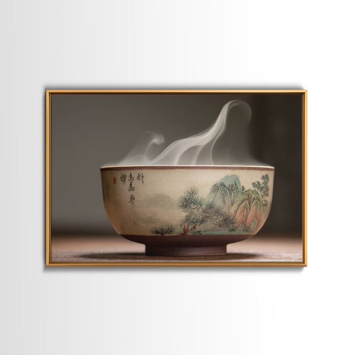 Tea Bowl with Steam Rising Gently Framed Canvas Print, Zen Art, Metal Wall Art, Living Room Decor, Zen, Japandi Wall Art, ZEN-3x2-60