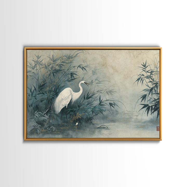 White Crane Standing Canvas Print, Zen Art, Japanese Decor, Living Room Decor, Fine Art, Zen, Luxury Decor, Textured Painting, ZEN-3x2-83