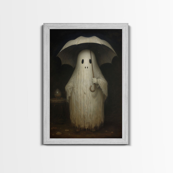 Cute Ghost Painting, Ghost In The Rain, Vintage Canvas, Art Canvas Print, Dark Academia, Haunting Ghost, Cute Halloween Decor