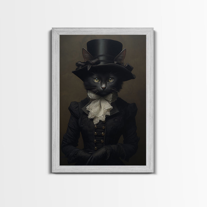 Cute Renaissance Cat, Black Cat Print, Goth Home Decor, Art Canvas Print, Dark Academia, Gothic Victorian, Halloween Decor, Witch Familiar