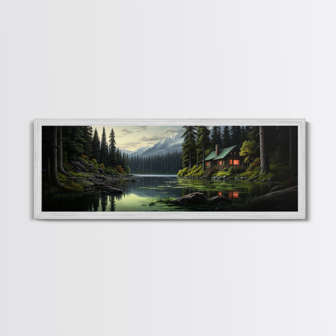 Cozy Cabin on The Lake, Framed Canvas Print, Farmhouse Decor, Landscape Painting, Unique Wall Art