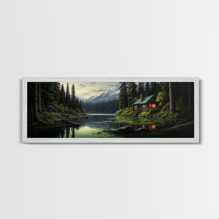 Cozy Cabin on The Lake, Framed Canvas Print, Farmhouse Decor, Landscape Painting, Unique Wall Art