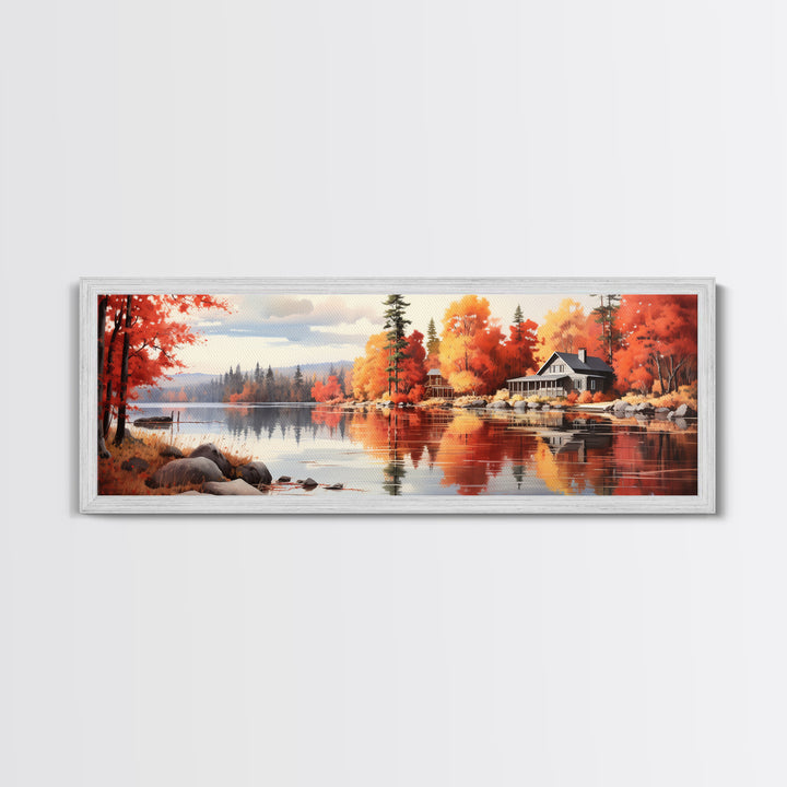 Autumn Cozy Cabin on The Lake, Framed Canvas Print, Farmhouse Decor, Landscape Painting, Unique Wall Art, Fall Decor