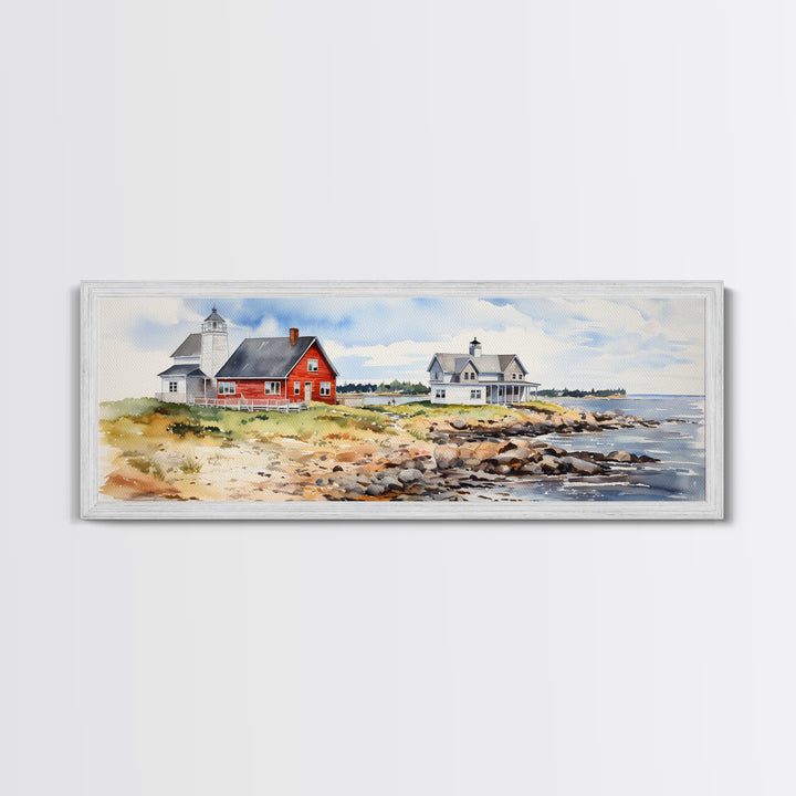 Maine watercolor painting Framed Canvas Print, Maine Seaside Print, Lupine Art Print, Maine Art Print, Lupine Painting, Maine landscape art