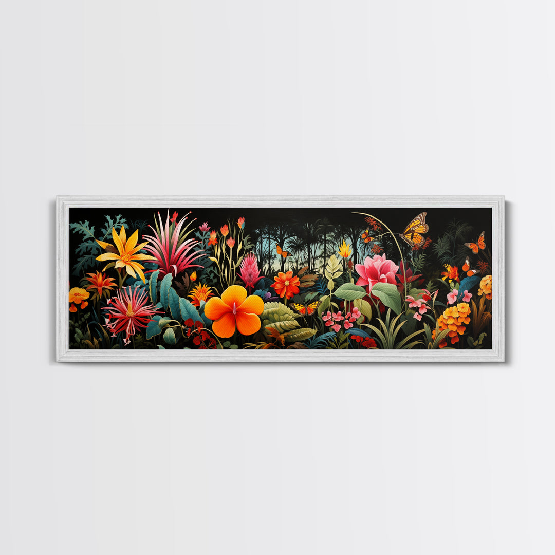 Beautiful Tropical Print "The Jungle" Framed Canvas Print, Panoramic Art, Extra Wide Wall Decor, Living Room Decor