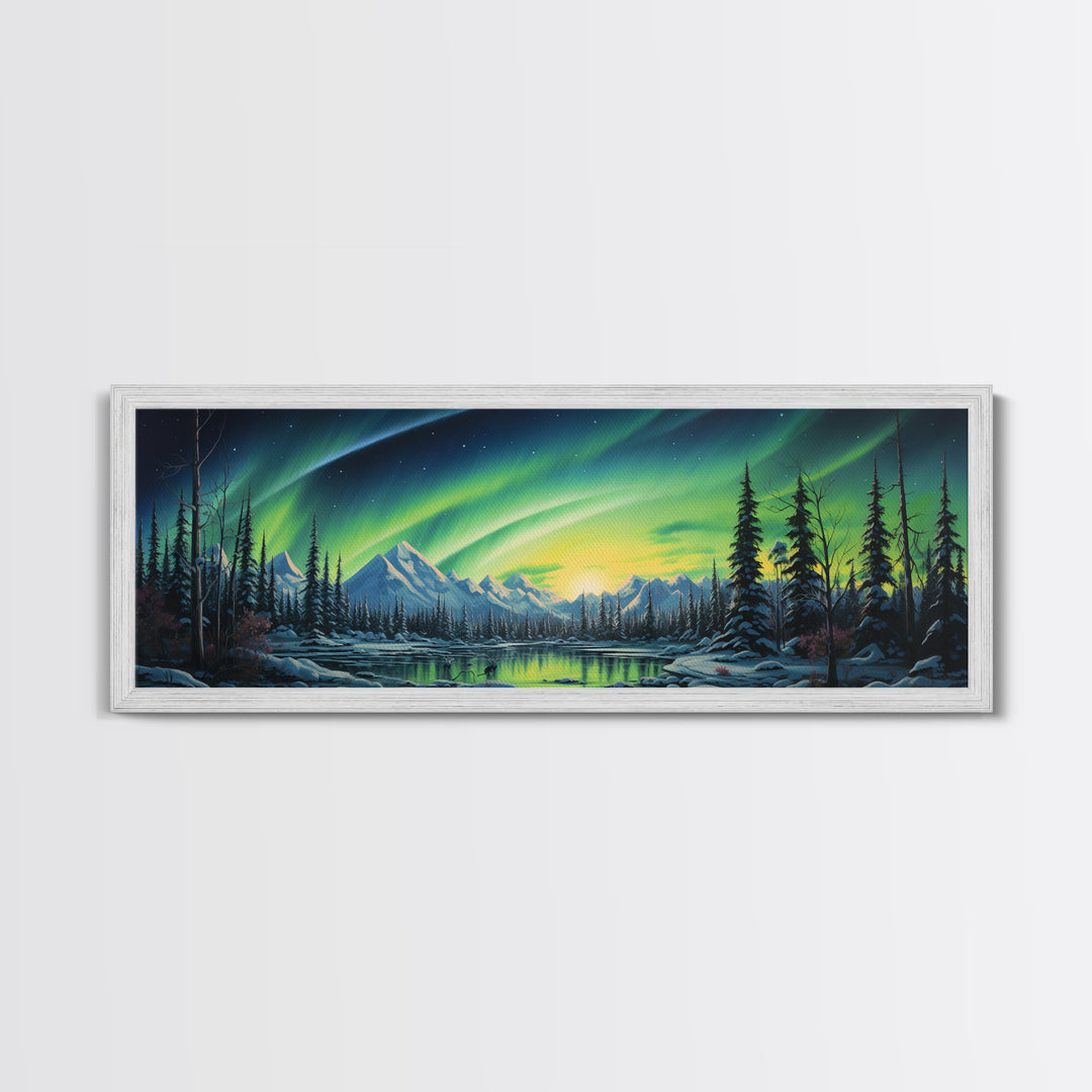Aurora Borealis, Framed Canvas Print, Beautiful Alaskan Winter Landscape Painting, Moody Art, Unique Wall Art