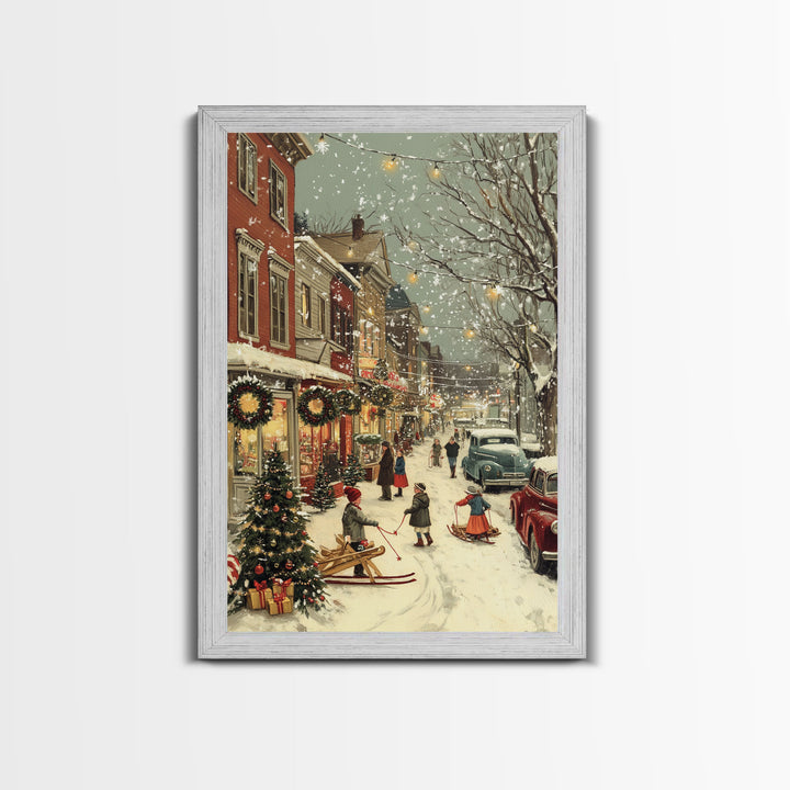 Vintage Christmas Town Scene with Children Playing in Snow, Holiday Street Decor and Wreaths, Framed Canvas Print for Winter Wall Art