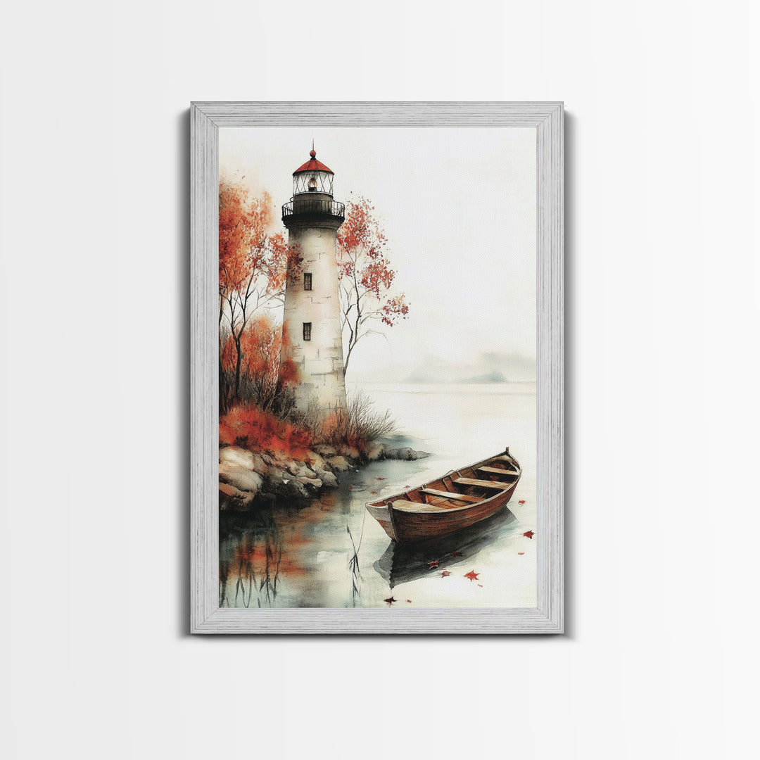 Lighthouse In The Fall, Framed Canvas Print, Fall Decor, Autumn Centerpiece Art, Boho Minimalist Style Wall Art