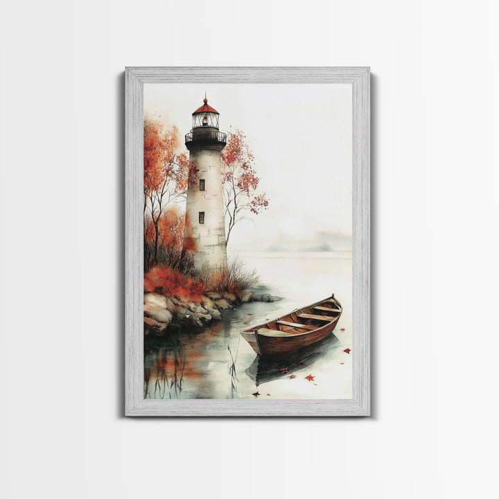 Lighthouse In The Fall, Framed Canvas Print, Fall Decor, Autumn Centerpiece Art, Boho Minimalist Style Wall Art