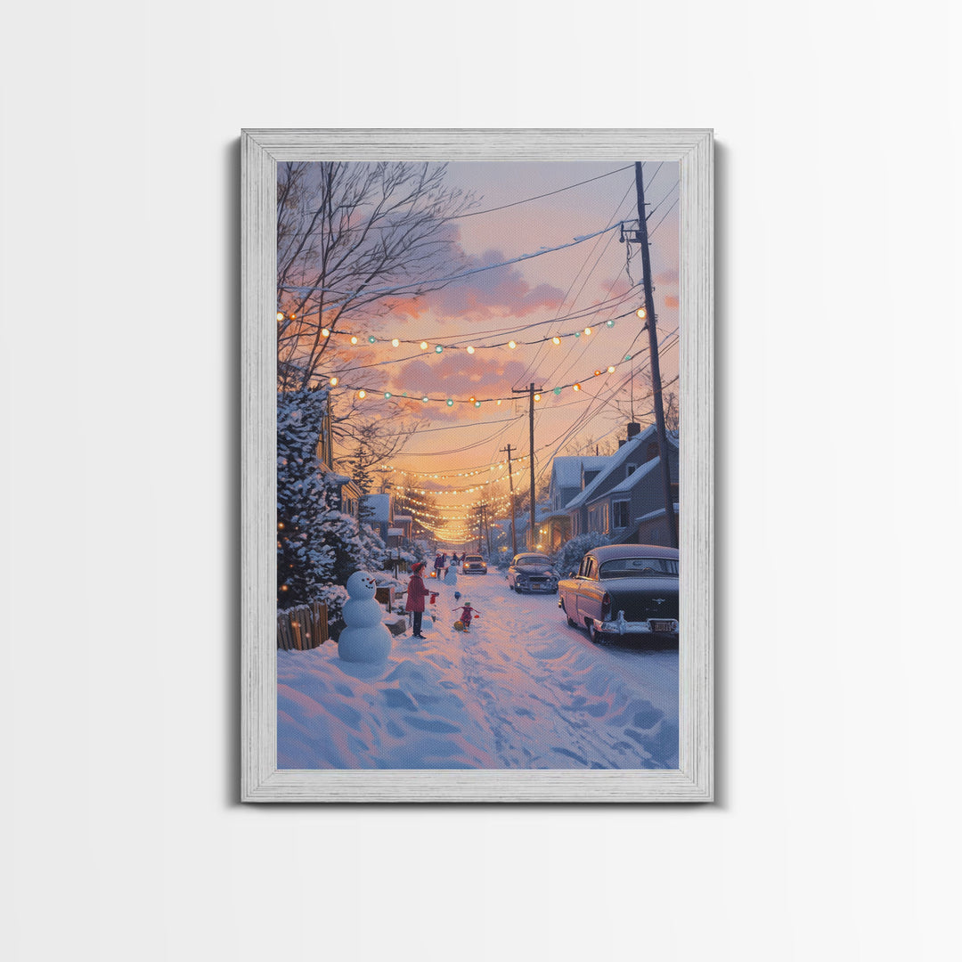 Cozy Neighborhood Christmas Evening with Snowmen and Festive Lights, Perfect for Framed Canvas Print and Holiday Wall Art