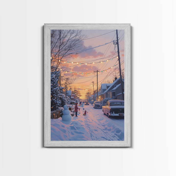 Cozy Neighborhood Christmas Evening with Snowmen and Festive Lights, Perfect for Framed Canvas Print and Holiday Wall Art