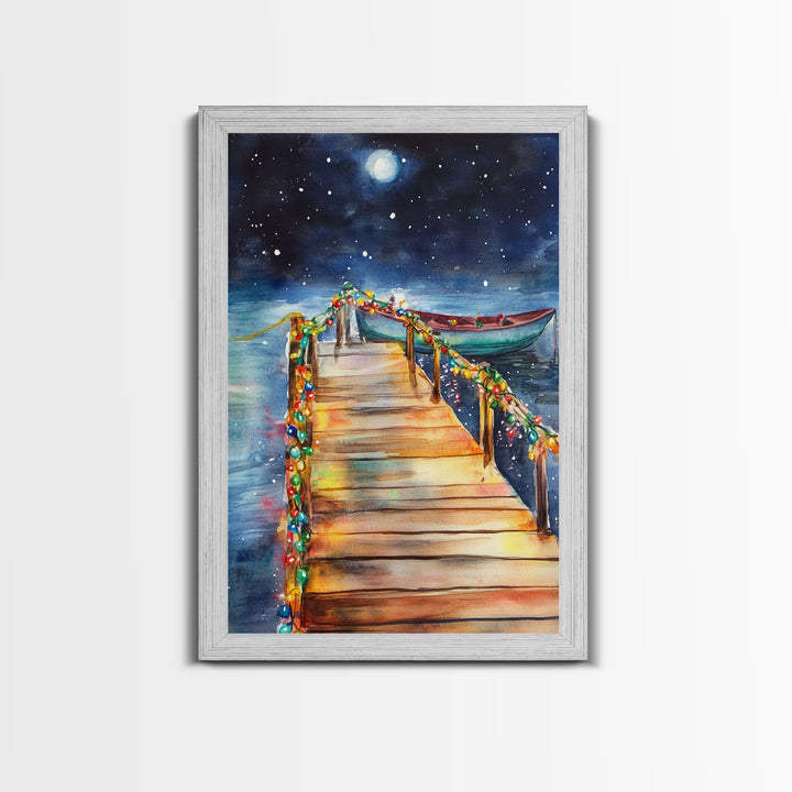 Lakeside Dock Decorated For Christmas, Nautical Christmas Wall Art Canvas Print, Farmhouse Christmas, Lake House Christmas Art