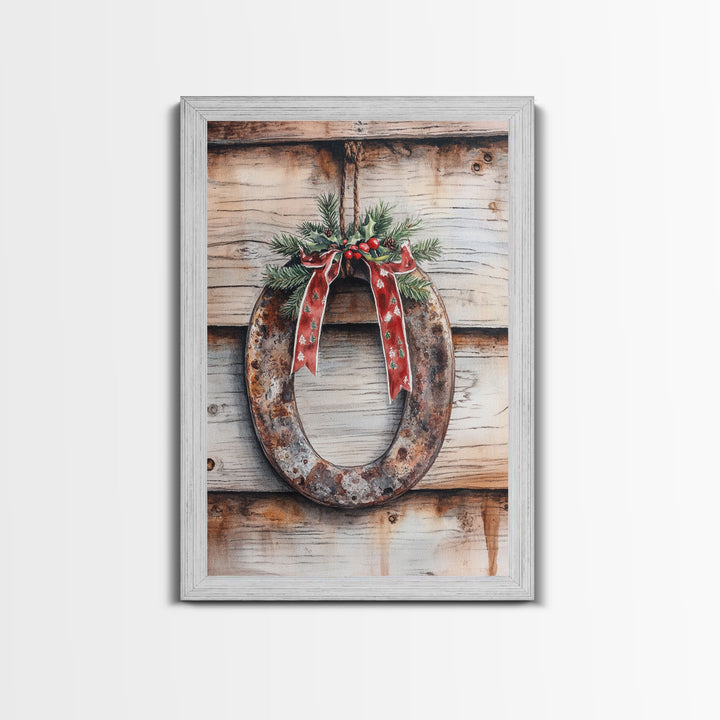 Christmas Horseshoe Framed Canvas Print, Horse Shoe With Mistletoe, Wood Framed Christmas Art, Western Decor, Boho Christmas, Minimalist