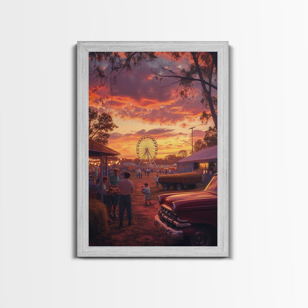 Rustic Country Fair at Sunset, Carnival Ferris Wheel and Warm Autumn Colors, Framed Canvas Print for Seasonal Home Decor