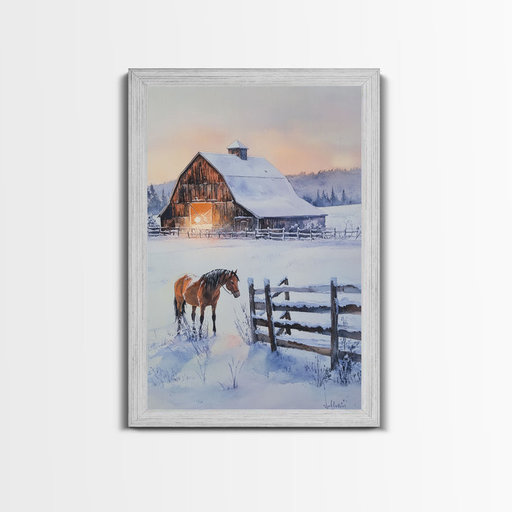 Christmas On The Farm, Winter Wall Art Framed Canvas Print, Gift Idea, Seasonal Decor, Barn Painting, Farmhouse Art