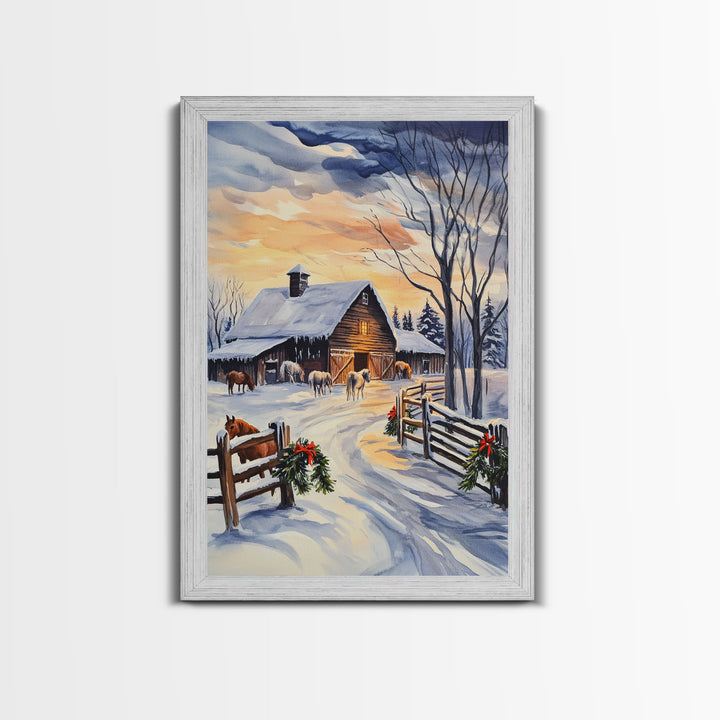 Christmas On The Farm, Winter Wall Art Framed Canvas Print, Gift Idea, Seasonal Decor, Barn Painting, Farmhouse Art