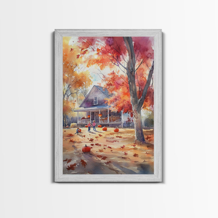 Kids Playing In Fall Leaves Framed Canvas Print Autumn Country Wall Art Farmhouse Decor Best Gift Idea Seasonal Holiday Wall Art