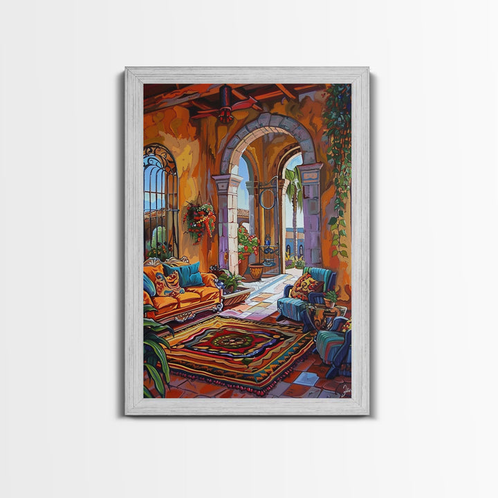 Mediterranean Lounge With Mountain View Framed Canvas Print Spanish Style Patio Wall Art Home Decor Best Gift Seasonal Above Sofa Art