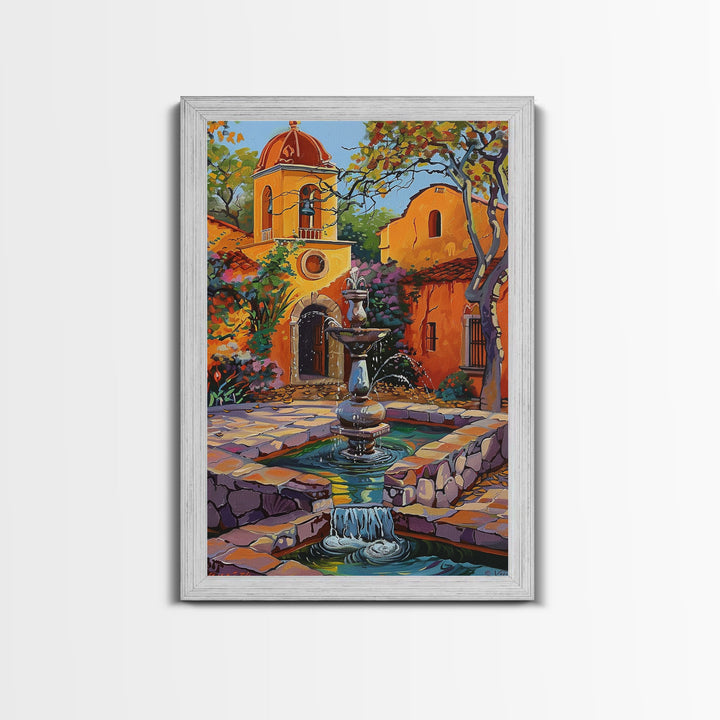 Mexican Style Framed Canvas Print Tall Art Vibrant Outdoor Fountain Scene With Colorful Architecture