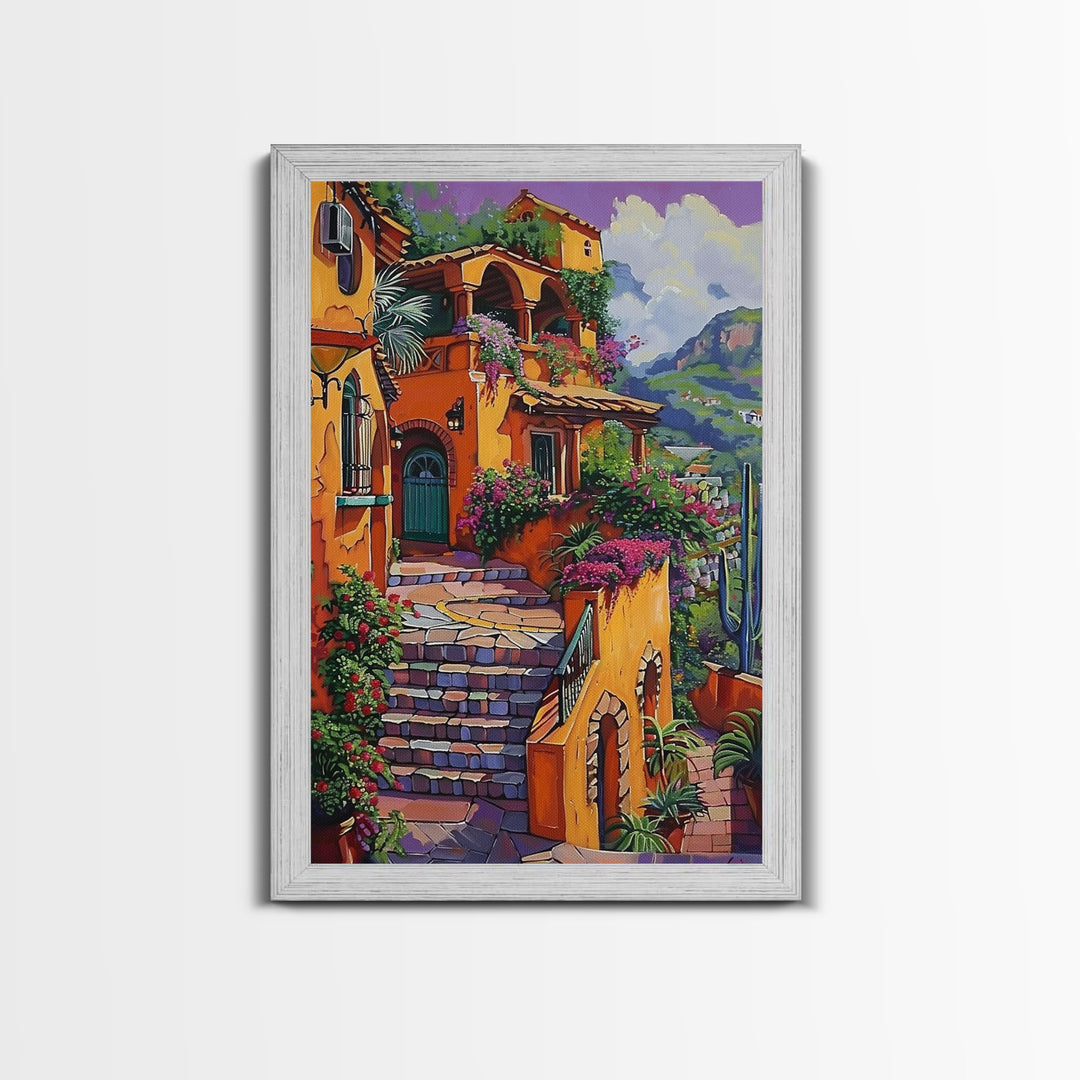 Framed Canvas Print Tall Art Mexican Style Scenic Steps Lined With Colorful Flowers And Architecture