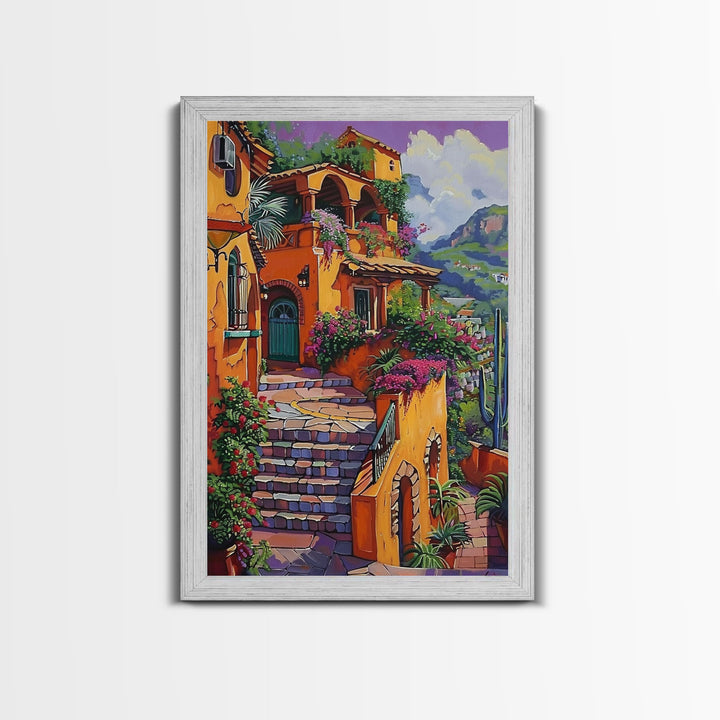 Framed Canvas Print Tall Art Mexican Style Scenic Steps Lined With Colorful Flowers And Architecture