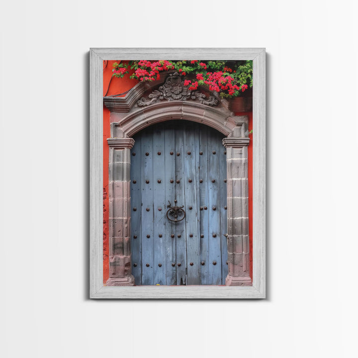 Mexican Style Colorful Architecture Framed Canvas Print Tall Art Depicting Traditional Blue Doors