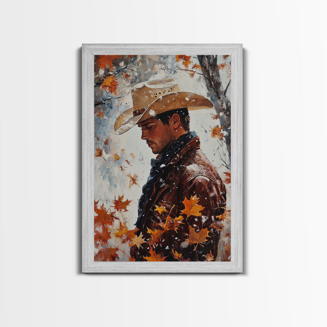Rustic Cowboy Holiday Art Framed Canvas Print with Falling Leaves, Perfect Autumn Decor and Seasonal Gift Idea 2024