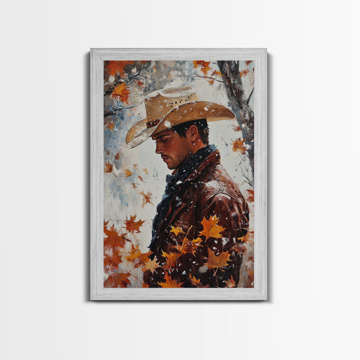 Rustic Cowboy Holiday Art Framed Canvas Print with Falling Leaves, Perfect Autumn Decor and Seasonal Gift Idea 2024