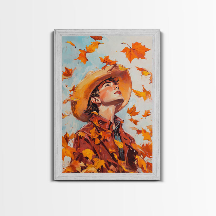 Cowboy Fall Decor Canvas Print with Windblown Leaves, Rustic Farmhouse Autumn Holiday Wall Art Seasonal Gift Idea 2024