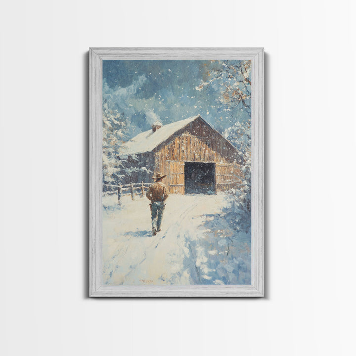 Cowboy Walking in Snow Scene Framed Canvas Print - Moody Landscape Art for Winter Home Decor 2024 Rustic Winter Wall Art