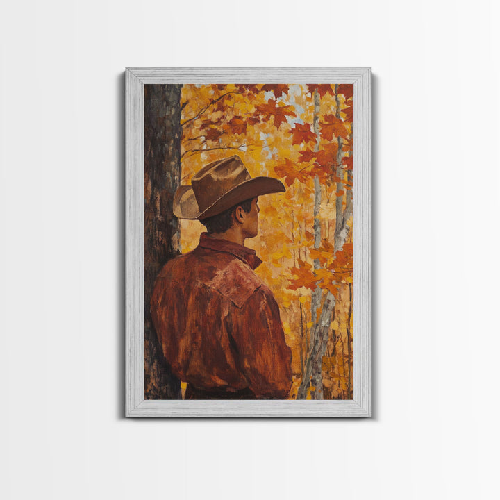 Cowboy in Autumn Forest Framed Canvas Print - Rustic Fall Wall Art Perfect Gift Idea 2024 Country Decor - Moody Landscape Art