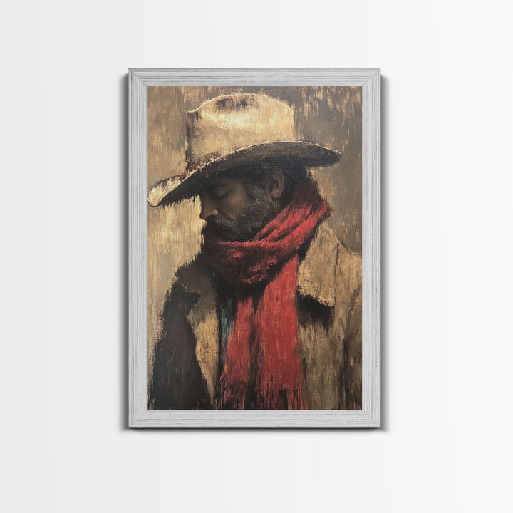 Moody Cowboy with Red Scarf Framed Canvas Print - Rustic Winter Landscape Art Best Gift Idea 2024 Christmas Wall Art