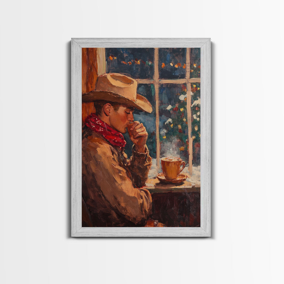 Cowboy in Snow with Coffee Framed Canvas Print - Winter Country Scene Art 2024 Cozy Christmas Wall Decor and Gift Idea