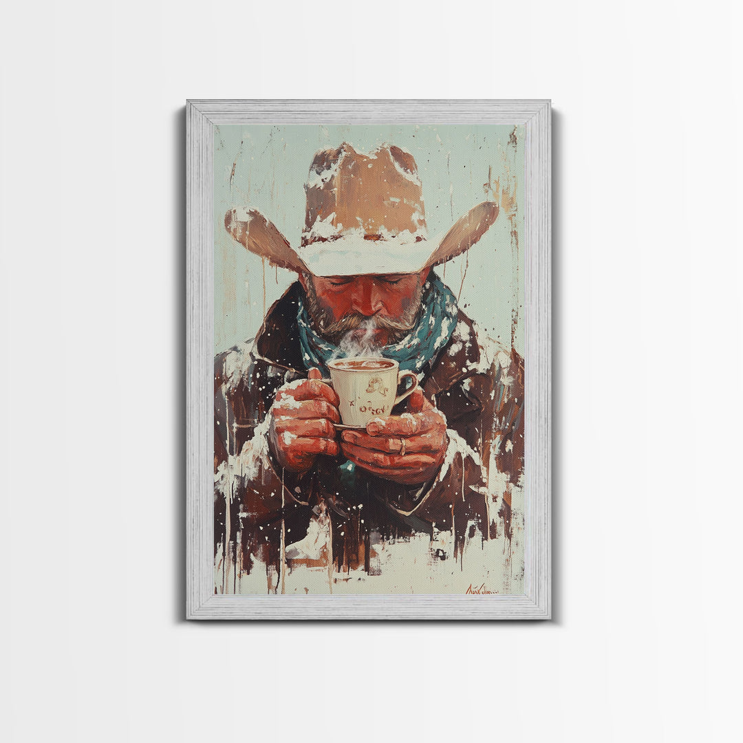 Cowboy Riding Horse in Winter Forest Framed Canvas Print - Moody Winter Landscape Art Perfect 2024 Christmas Home Decor