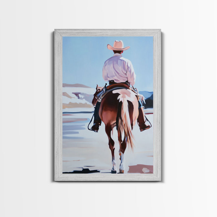 Cowboy Riding Horse Autumn Path with Fall Leaves Framed Canvas Print Vintage Christmas Wall Art Winter Landscape Christmas Decor Gift Idea