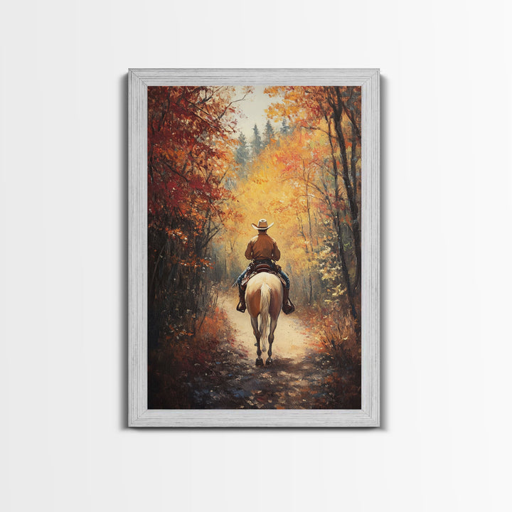 Cowboy Rider in Vibrant Autumn Forest Canvas Print Fall Season Wall Art Gallery Wall Christmas Wall Decor Vintage Cowboy Art Gift Idea