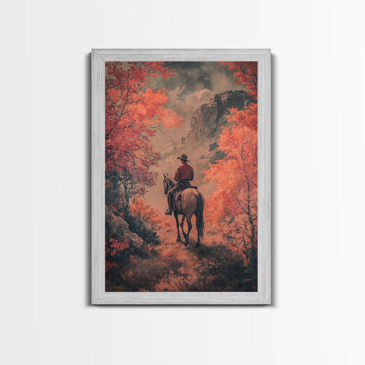 Cowboy in Forested Autumn Trail Framed Canvas Print Vintage Christmas Wall Decor Autumn Landscape Christmas Art Print Country Christmas