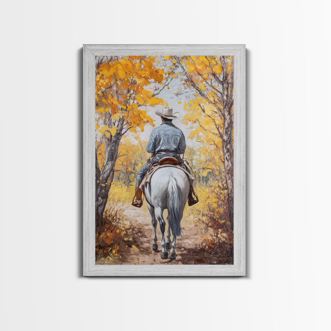 Lone Cowboy Riding Through Red Autumn Trees Framed Canvas Print Vintage Christmas Wall Art Fall Decor Winter Wonderland Seasonal Wall Art
